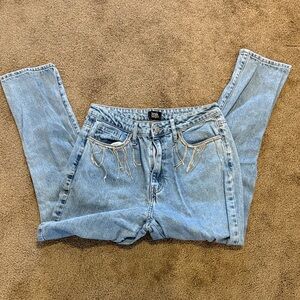 High-Rise Light Blue Women's Jeans with Rhinestone Pocket Fringe